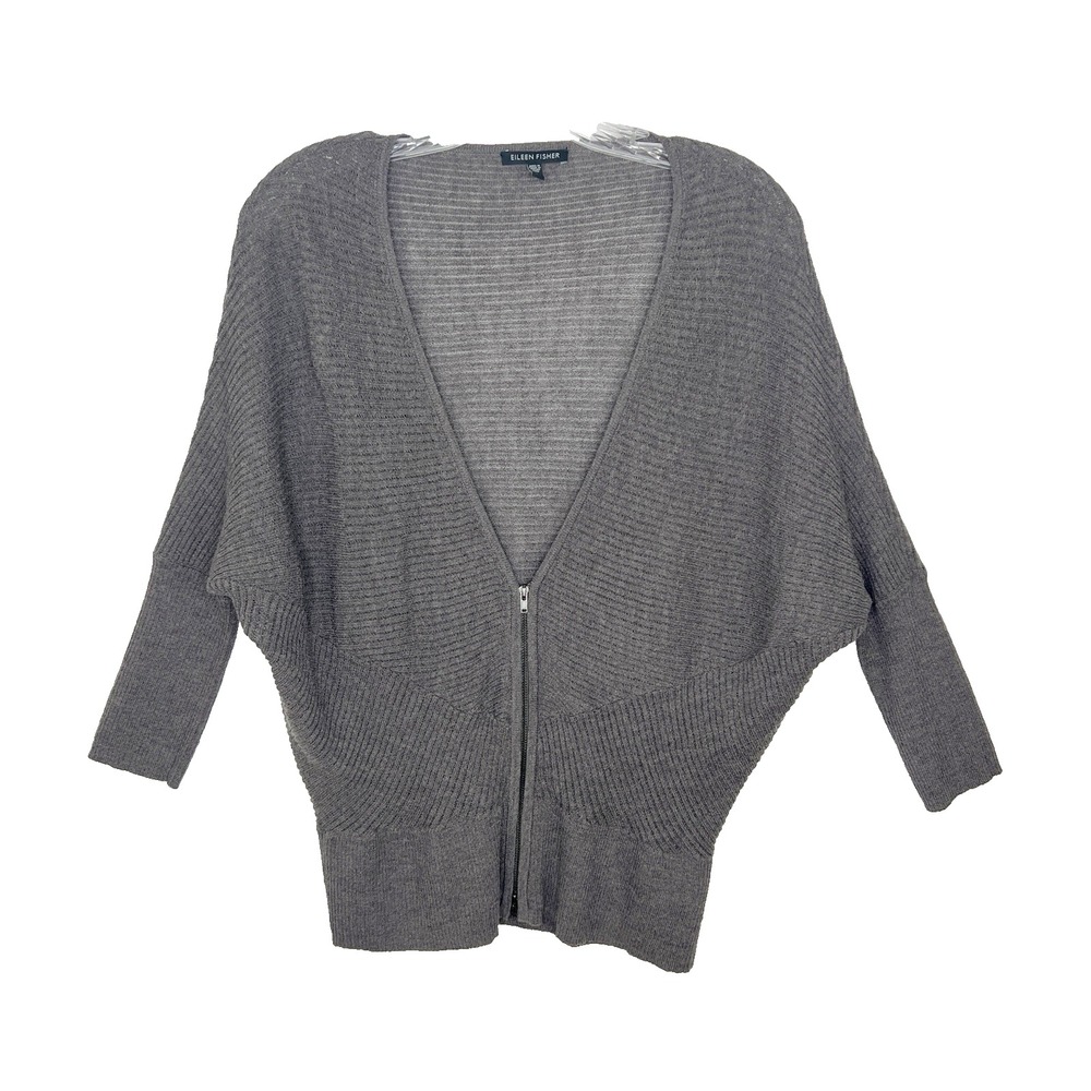 EILEEN FISHER Gray Washable 100% Wool‎ Knit V Neck Zip Front Cardigan Size SMALL